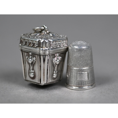 181 - A Victorian thimble-case of square tapering form with embossed decoration, hinged cover with suspens... 