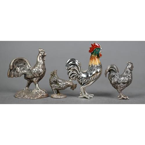 185 - Three miniature silver chickens - one with enamelled head - to/w a white metal example (mark not ide... 