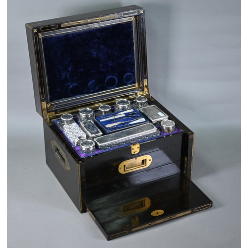 187 - Victorian brass-inlaid coromandel dressing case, the cut glass fittings with silver tops - some in s... 