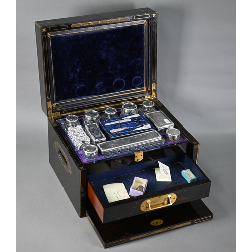 187 - Victorian brass-inlaid coromandel dressing case, the cut glass fittings with silver tops - some in s... 