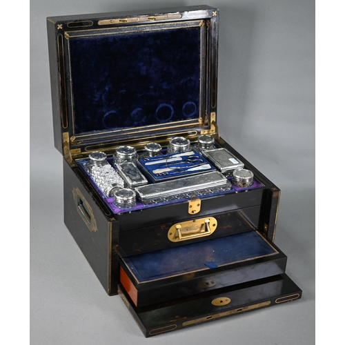 187 - Victorian brass-inlaid coromandel dressing case, the cut glass fittings with silver tops - some in s... 