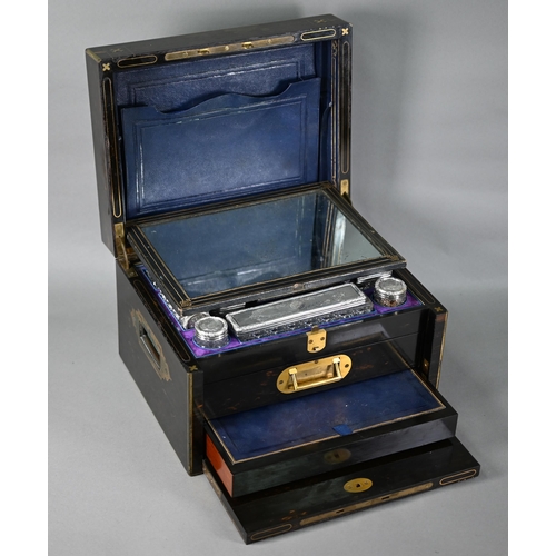 187 - Victorian brass-inlaid coromandel dressing case, the cut glass fittings with silver tops - some in s... 