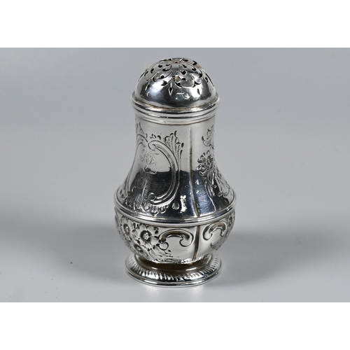 189 - George I silver baluster pounce-pot, Maker TF (possibly), London 1724, 2.1oz, 8.5cm, later engraved ... 