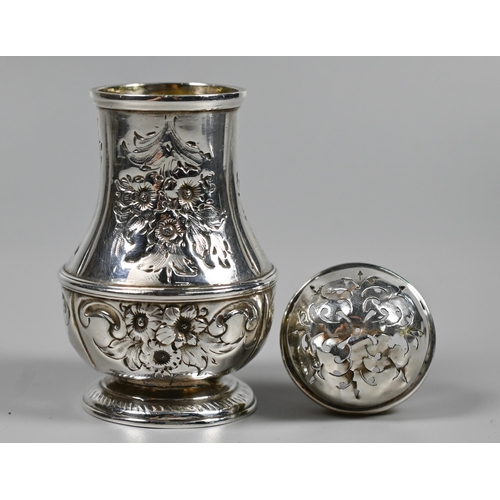 189 - George I silver baluster pounce-pot, Maker TF (possibly), London 1724, 2.1oz, 8.5cm, later engraved ... 