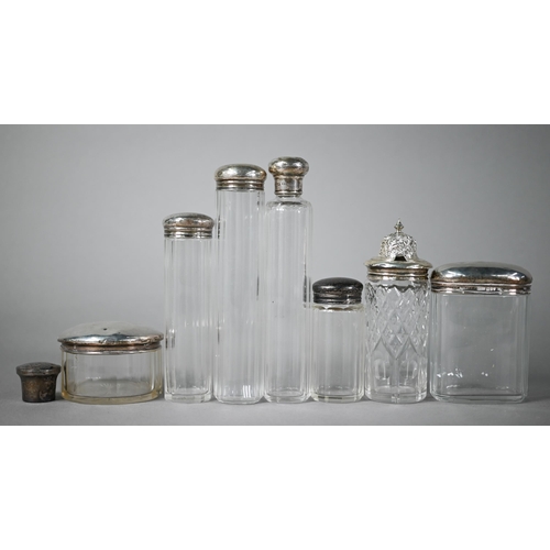 19 - Various silver oddments, including ring-box, six cut glass toilet jars and a condiment jar with silv... 