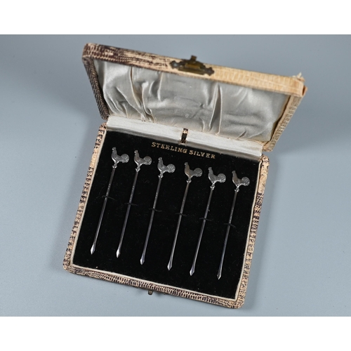 195 - Cased set of six Sterling cocktail sticks with cockerel finials