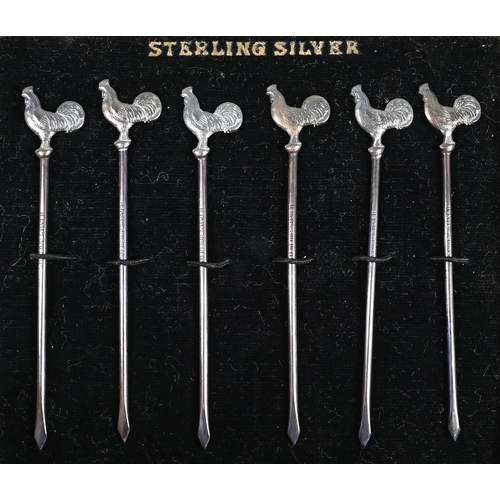 195 - Cased set of six Sterling cocktail sticks with cockerel finials