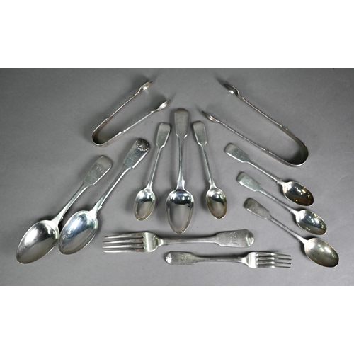 197A - Quantity of Georgian and later fiddle pattern silver flatware, including a pair of Irish sugar tongs... 