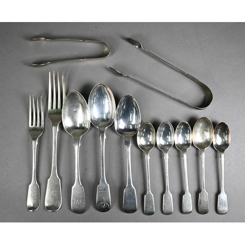 197A - Quantity of Georgian and later fiddle pattern silver flatware, including a pair of Irish sugar tongs... 