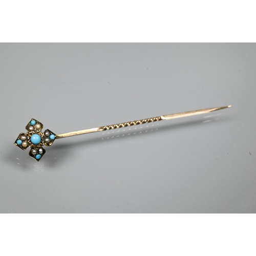 221 - A Victorian yellow metal stick pin set with turquoise and seed pearls, 6.5 cm, cased