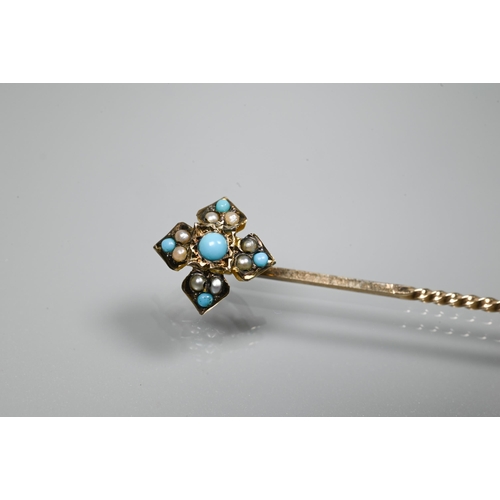 221 - A Victorian yellow metal stick pin set with turquoise and seed pearls, 6.5 cm, cased