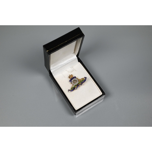 222 - A 9ct yellow gold Royal Artillery sweetheart brooch, diamond set and with enamel decoration, 3.8g al... 