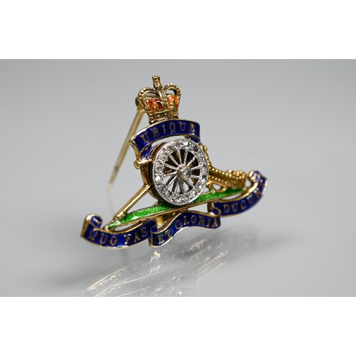 222 - A 9ct yellow gold Royal Artillery sweetheart brooch, diamond set and with enamel decoration, 3.8g al... 