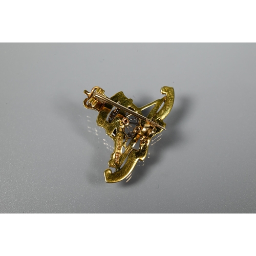 222 - A 9ct yellow gold Royal Artillery sweetheart brooch, diamond set and with enamel decoration, 3.8g al... 