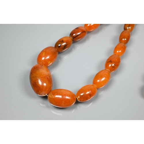 230 - A graduated row of amber beads, 3 x 2 cm the largest bead, 1 x 0.7 cm the smallest, approx 64g all i... 