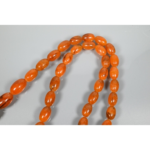 230 - A graduated row of amber beads, 3 x 2 cm the largest bead, 1 x 0.7 cm the smallest, approx 64g all i... 