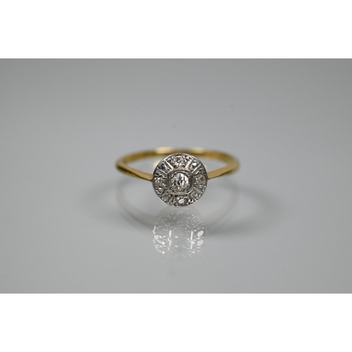 232 - Three various 18ct gold rings comprising a circular platinum set diamond cluster, size O; a pair of ... 