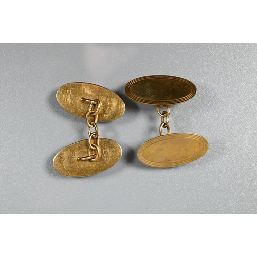 233A - Two pairs of 9ct gold oval cufflinks, both with chain links, one rose gold and of plain design, the ... 