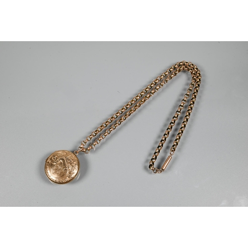 238 - A Victorian rose metal belcher chain Albert with round locket with scroll decoration attached, stamp... 