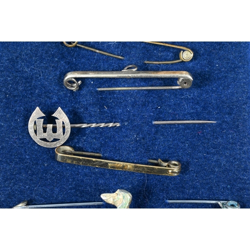 271 - Assorted bar brooches/stick pins including three 9ct, target brooch, some gilt metal (9 and a part 9... 