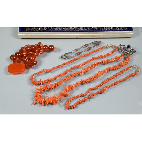 275 - A Victorian stick coral necklace, cornelian beads and purple paste set bracelet and brooch (4)