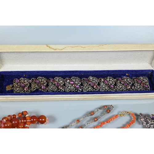 275 - A Victorian stick coral necklace, cornelian beads and purple paste set bracelet and brooch (4)