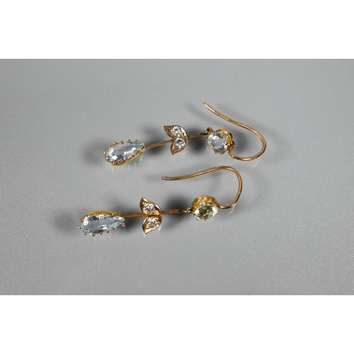 282 - A pair of Edwardian drop earrings, set with aquamarine drops and diamond set leaf motif, with hooped... 