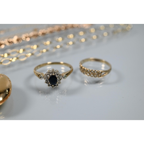 286 - A collection of mostly 9ct yellow gold items including diamond and sapphire cluster ring, chains etc... 