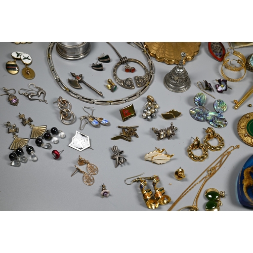 288 - A collection of jewellery including beads, necklaces, earrings, brooches, compact, silver napkin rin... 