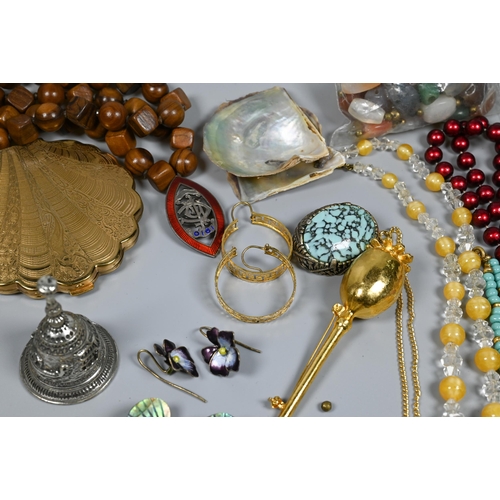 288 - A collection of jewellery including beads, necklaces, earrings, brooches, compact, silver napkin rin... 