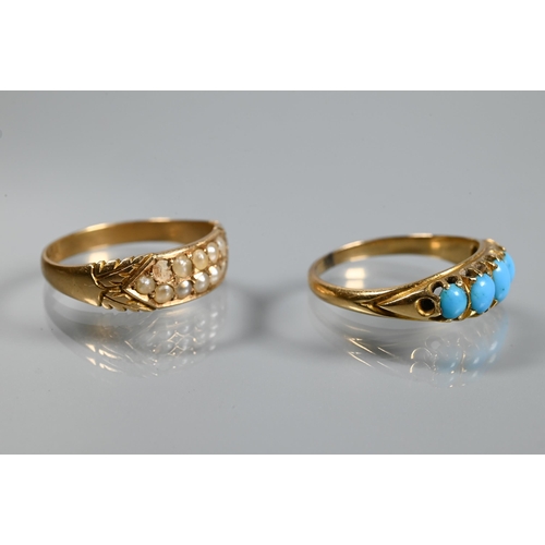 297 - Two Victorian rings - a five stone graduated turquoise yellow gold set, size O; and a 15ct gold ring... 