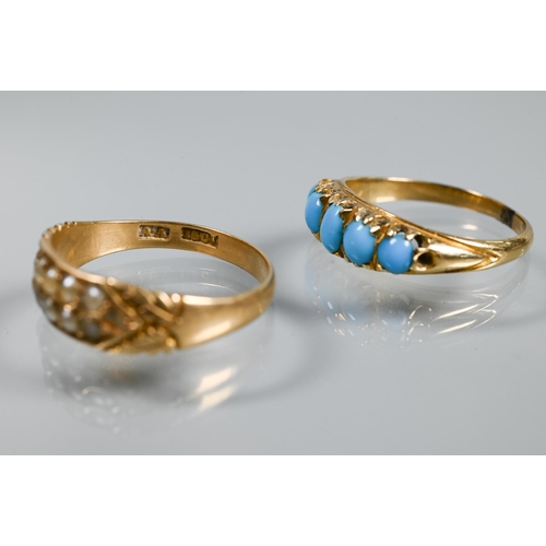 297 - Two Victorian rings - a five stone graduated turquoise yellow gold set, size O; and a 15ct gold ring... 