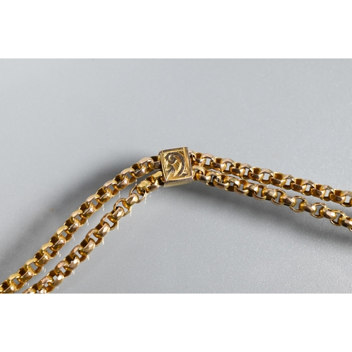 303 - A Victorian 9ct yellow gold double row short Albert, the double belcher chain with swivel to end, su... 