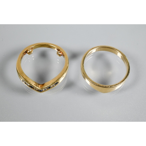 327 - A set of two contemporary wishbone shaped rings, one plain size M and one with channel set sapphires... 