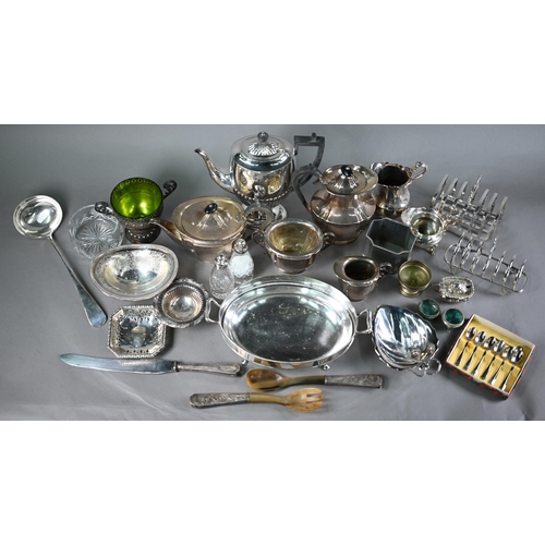 33 - Epns four-piece tea service, to/w a half-reeded coffee pot, toastracks, flatware and other table-war... 