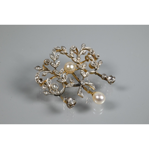 330 - An Edwardian diamond and pearl brooch, the open design formed of leaf tendrils set with mixed cut di... 