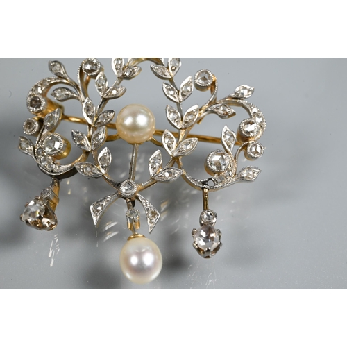 330 - An Edwardian diamond and pearl brooch, the open design formed of leaf tendrils set with mixed cut di... 