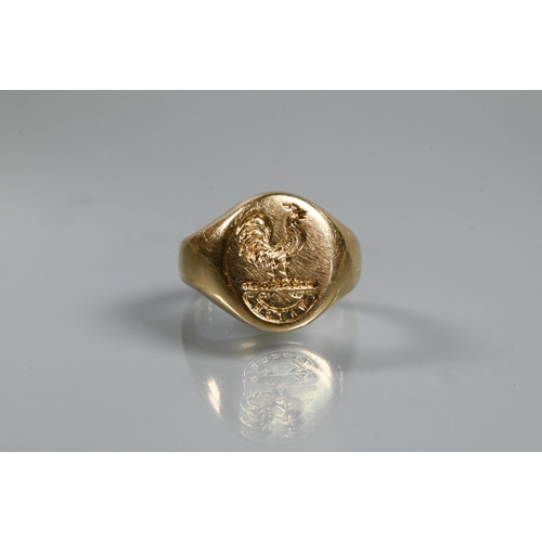 349 - A 9ct yellow gold signet ring with intaglio crest of cockerel, size M, approx 9.3g