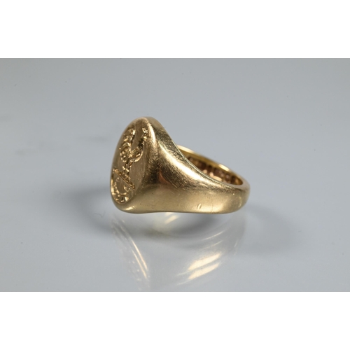 349 - A 9ct yellow gold signet ring with intaglio crest of cockerel, size M, approx 9.3g