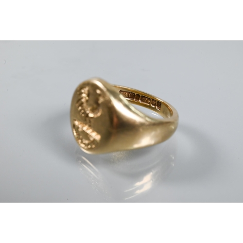 349 - A 9ct yellow gold signet ring with intaglio crest of cockerel, size M, approx 9.3g