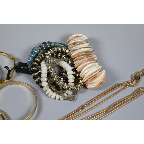 360 - Costume jewellery including gilt metal bangles, watch bangle, bead bracelets, earrings, various desi... 