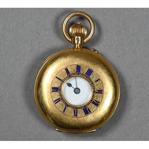 389 - An Edwardian lady's 18ct gold half-hunter fob watch with top-wind movement no 32028 by Edward E Bish... 