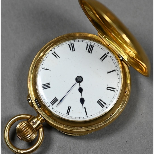 389 - An Edwardian lady's 18ct gold half-hunter fob watch with top-wind movement no 32028 by Edward E Bish... 