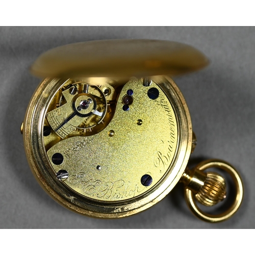 389 - An Edwardian lady's 18ct gold half-hunter fob watch with top-wind movement no 32028 by Edward E Bish... 