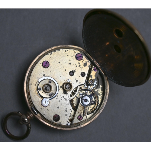 389A - A 19th century Swiss 14k fob-watch with engraved case, keywind movement and decorative silvered and ... 