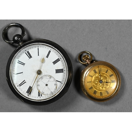 390 - A 9ct fob watch with top-wind Swiss movement, and engraved gilt dial 30mm diam overall, to/w a Victo... 