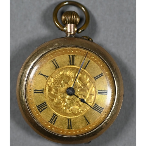 390 - A 9ct fob watch with top-wind Swiss movement, and engraved gilt dial 30mm diam overall, to/w a Victo... 