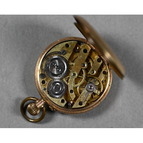 390 - A 9ct fob watch with top-wind Swiss movement, and engraved gilt dial 30mm diam overall, to/w a Victo... 