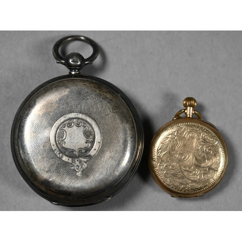 390 - A 9ct fob watch with top-wind Swiss movement, and engraved gilt dial 30mm diam overall, to/w a Victo... 