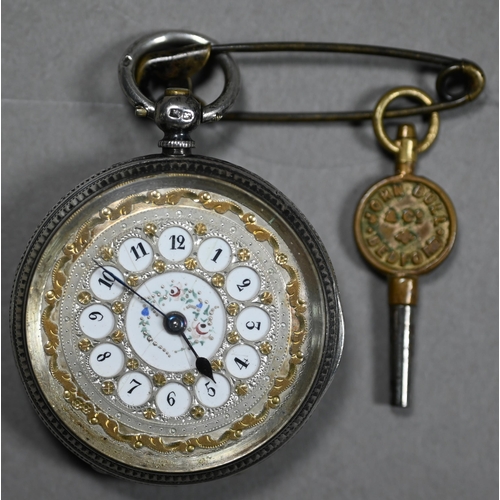 391 - Victorian silver fob-watch with keywind lever movement, 30 mm silvered gilt and painted enamel dial,... 